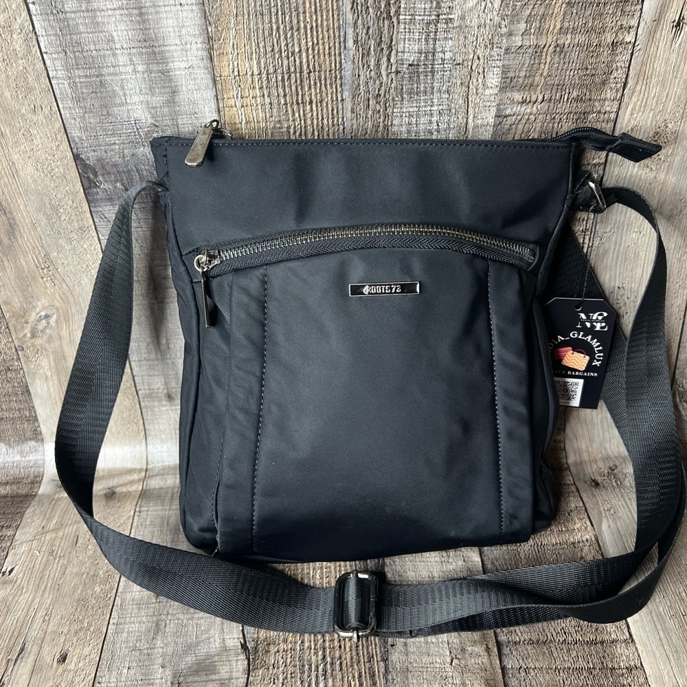 ROOTS 73 Black Adjustable Messenger Crossbody  Nylon Zip Top Pocket Shoulder Bag - Picture 2 of 12